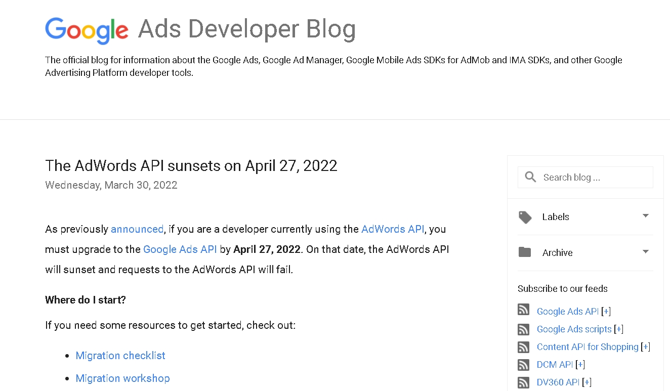 27 квітня 2022 року припинить роботу AdWords API