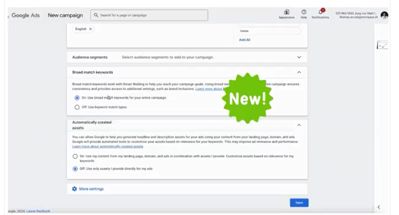 Google Ads використовує широку відповідність за умовчанням для нових пошукових кампаній
