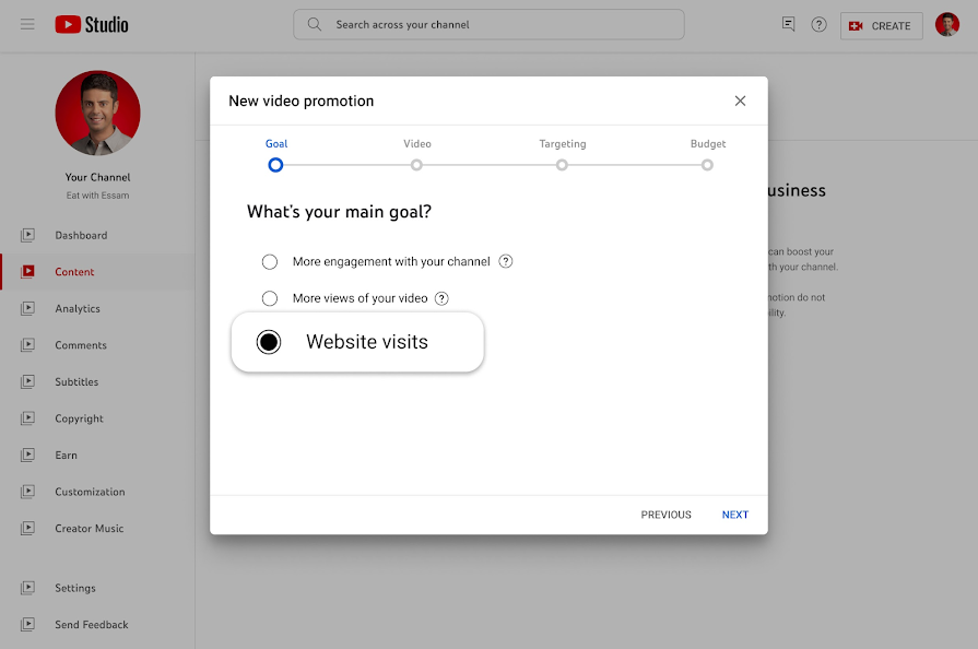 YouTube Studio Нова ціль відвідувань вебсайту