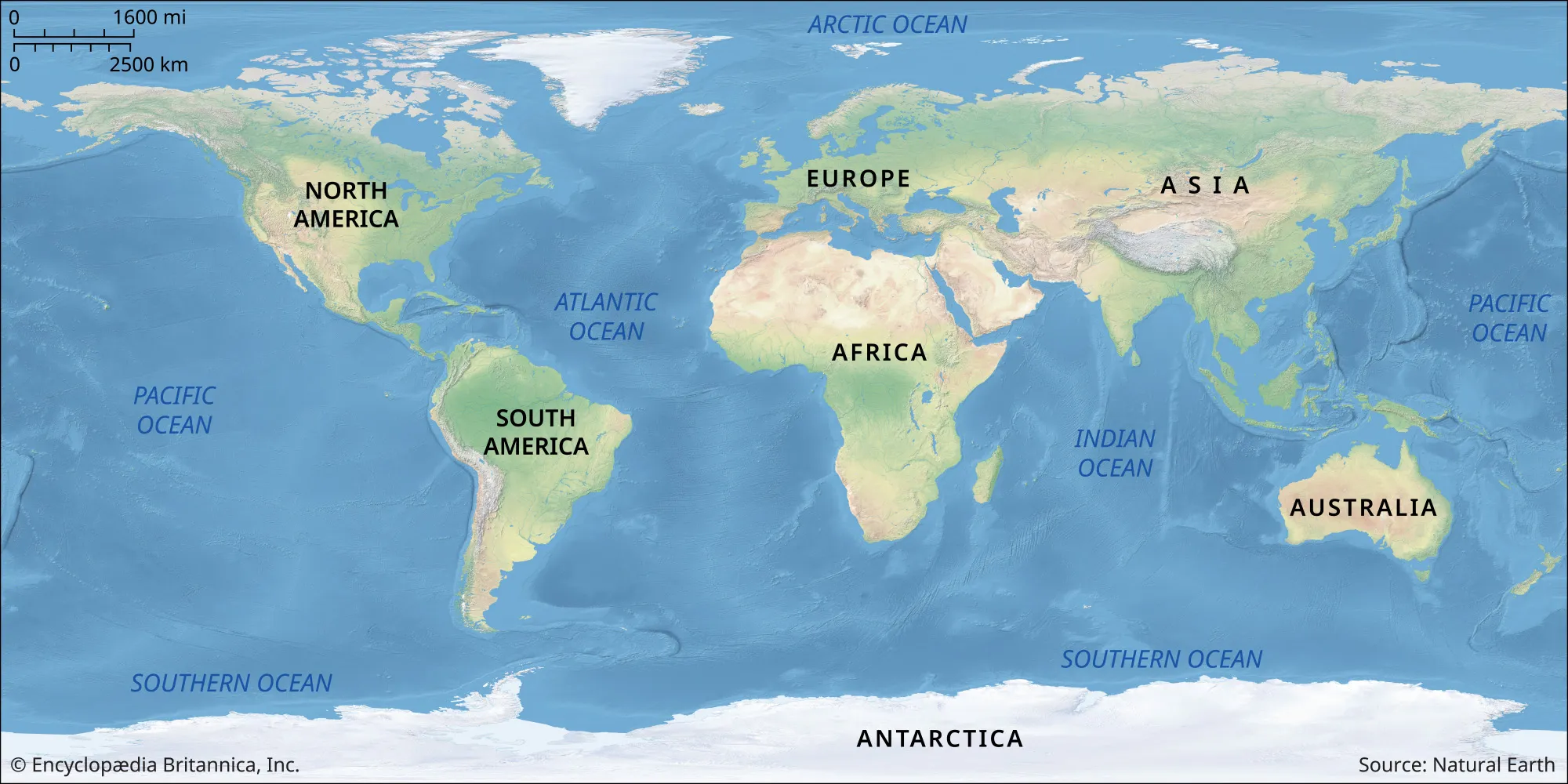 World map continents oceans