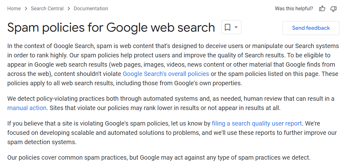 Google оновлює документ щодо політики щодо спаму