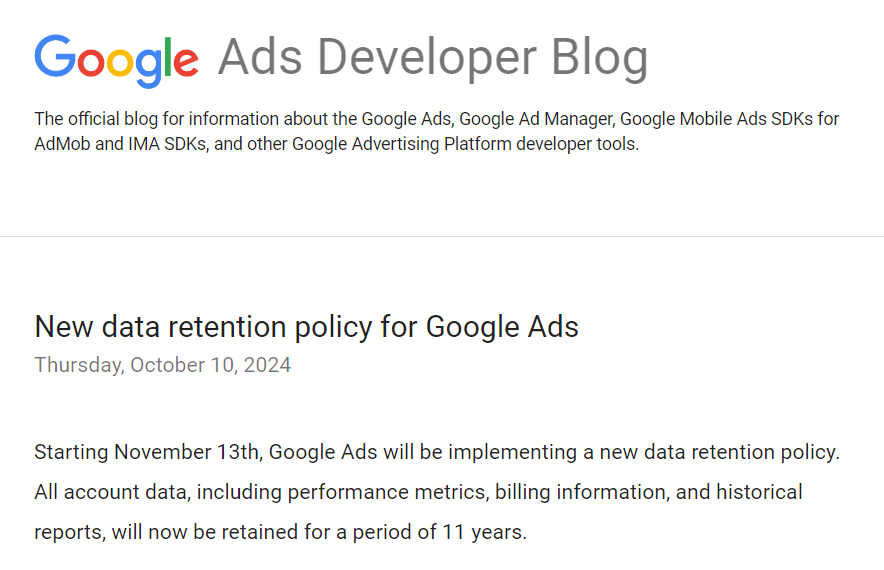 New data retention policy for Google Ads