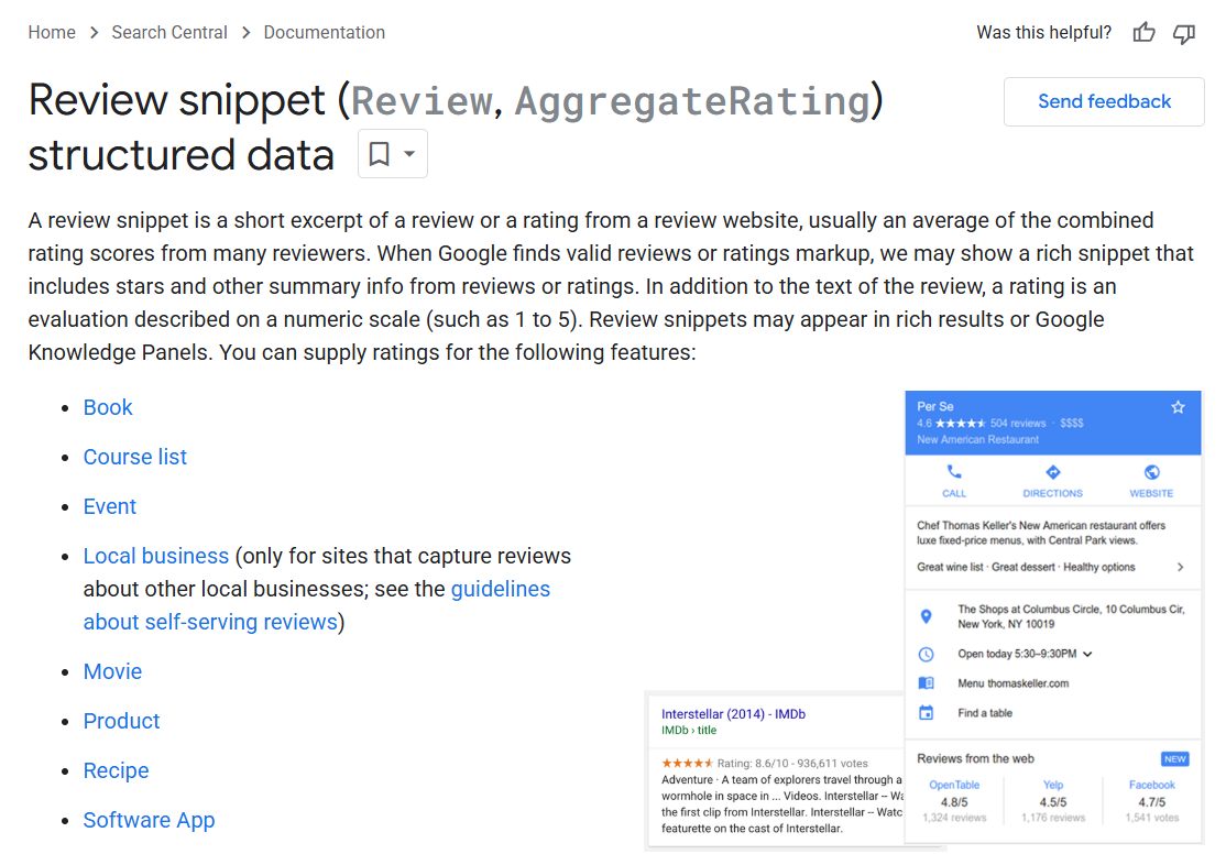 Review snippet (Review, AggregateRating) structured data