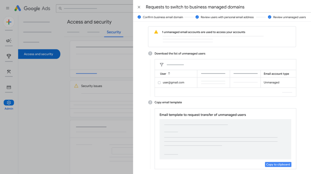 Switch Google Ads user accounts and account settings to a business email