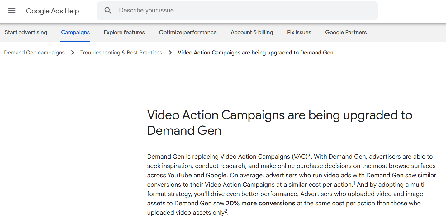 Video Action Campaigns are being upgraded to Demand Gen